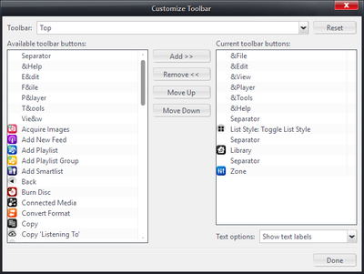 The Customize Toolbar dialog box.